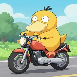 A psyduck riding a motorcycle