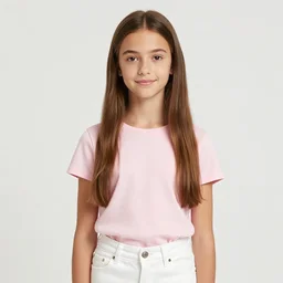 1 9 years old slim straight brown hair gabriella papadakis, neck wrinkles, wearing white jean and pink shirt