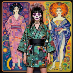 cute punk goth fashion hippy fractal Día de los Muertos android girl wearing kimono made of circits posing by Zhang Jingna, psychedelic dada collage by Victor Moscoso Rick Griffin Alphonse Mucha Gustav Klimt Ayami Kojima Amano Charlie Bowater, masterpiece