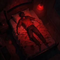 concept art, top view, artstation, nigh, red light, man collapesd on a bed, view from the top, night, lamp lighting, horror, dark room, volumetric light, atmospheric, grunge