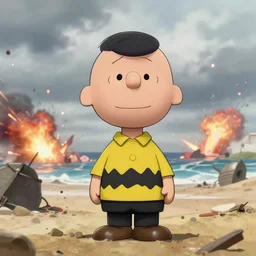 beautiful portrait of charlie brown storming the beaches of normandy during d - day during world war 2. cloudy sky. explosions. war horror. character design by disney, charlie bowater, ross tran, artgerm, and makoto shinkai, detailed, soft lighting, rendered in octane