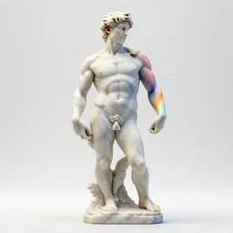 stylized rainbow bismuth ornate statue full body made of marble of brawny burly surly, perfect symmetrical body, perfect symmetrical face, hyper realistic, hyper detailed, by johannen voss, by michelangelo, octane render, blender, 8 k, displayed in pure white studio room