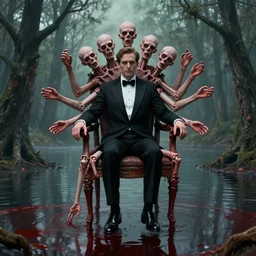 a portrait of a man in a tuxedo with five heads, twelve arms, and sixteen legs, sitting on chair made of human limbs, the chair is floating in a lake of blood, surrounding the lake are melting trees, digital art, hyperrealistic nightmare scene, supernatural, highly detailed, creepy, terrifying