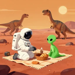 An astronaut is having a picnic with a green alien and some dinosaurs on Mars, by Jordan Grimmer, digital art, trending on Artstation,