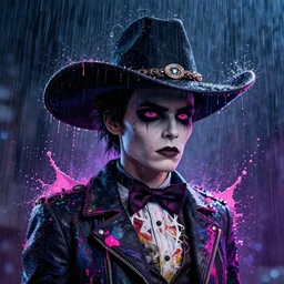 splashes of neon, mowhawk, punk portrait made out of paint with rain in the background, trending on artstation, epic composition, emotional, beautiful, rendered in octane, highly detailed, realistic, tim burton comic book art, sharp focus, matte painting
