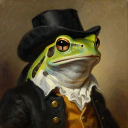 a head and shoulders portrait painting of an anthropomorphic!!!!!!!!!! amazon milk frog!!!!!!!!!! wearing a colonial outfit without a hat looking off camera, a character portrait, classicism, oil on canvas, hatching brush strokes