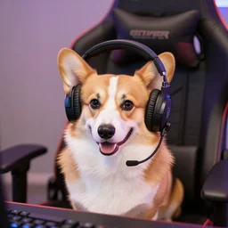 corgi on a gaming chair wearing gaming headset, webcam footage