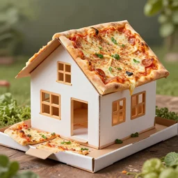 a house covered in pizzas, photography, award winning, trending,, highly detailed, high quality, high resolution