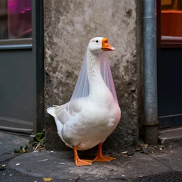 a goose encased in plastic, on a dirty street corner, neon