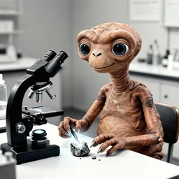 a still photo from e. t. the extraterrestrial ( 1 9 8 2 ), e. t. is sitting at a table in a laboratory near a black school microscope, he is holding a broken piece of glowing rock, black and white ink pen illustration, extremely detailed, hyper realistic