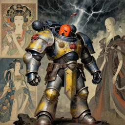 composition of gothic and futuristic, warhammer, cyber japan armor, more and more scars, thunderstorm, orange head, some yellow and blue, the middle ages, highly detailed, artstation, in the style of moebius, jugendstil and classic japanese print, art by anka zhuravleva, mary jane ansell, compositon by rene magritte