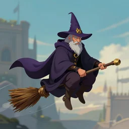 wizard flying on the broom, front view, sitting, digital art, artstation