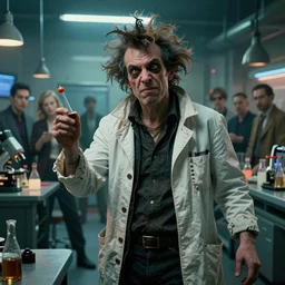 cyberpunk 2 0 7 7 as a 1 9 5 0 s crazy mad scientist lunatic in a lab coat, with wild unkempt hair. by beeple, butcher billy, david villegas, irina french, heraldo ortega, rachel walpole, jeszika le vye, mandy jurgens, lim chuan shin, barret frymire, dan volbert, trending on artstation,