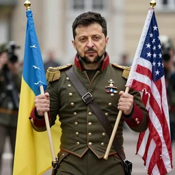 a  fashion photo of  Volodymyr Zelensky  dressed like  Napoleon Bonaparte, holding a torn flag of Ukraine in his left hand and a torn flag of the USA in his right hand,  hyper realistic, hyper detailed, trending at artstation, extremely sharp focus, highly detailed, depth of field, High definition, 8k, octane render, in the style of Annie Leibovitz