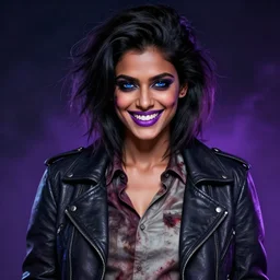 epic professional finely detailed digital airbrushed portrait art of an athletic, fit, extremely attractive, glamourous, mid-20s East Indian supermodel emo female zombie, smiling, perfectly symmetrical face, wearing a dirt stained shirt under a leather jacket, zombie has deep blue eyes, great smile, violet lipstick, best on artstation, cgsociety, wlop, Behance, pixiv, cosmic, epic, stunning, gorgeous, glamour lighting, big smile, masterpiece by Dorian Cleavanger and Stanley Lau