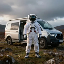 tourist astronaut standing in the Isle of Harris, Scotland, a futuristic campervan in the background, wide angle lens, photorealistic
