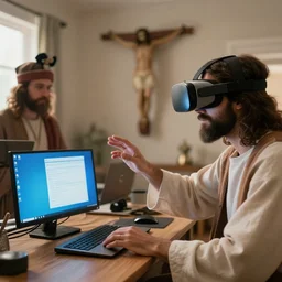 Jesus Christ teaching his disciples how to install Windows 11 using VR. Photo realistic.