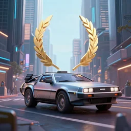 delorean in the middle of a street of cyberpunk city with skyscrapers, artstation award winner, digital art, volumetric lighting, neon colors, octane render