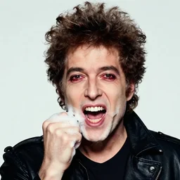 rabid bob dylan foaming at the mouth, bloodshot eyes, raised eyebrows, rotten teeth