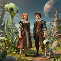 detailed, sharp, a girl and a boy standing next to some alien plants, looking happy, wearing 1520s era clothes, their small pet alien creature is standing nearby, in a park on an alien planet, steampunk, extremely highly detailed, hyperrealistic, octane render, 8k, HD, good lighting