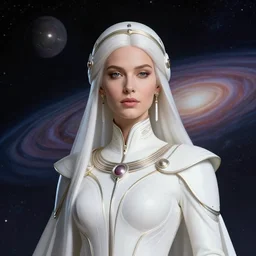 portrait of the powerful empress of the solar system in the style of syd mead and in the style of ralph mcquarrie. glowing, ornate and intricate linework, stunning, dynamic lighting, ultrafine and hyperdetailed.