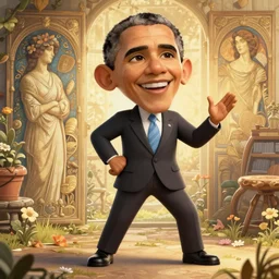 clear portrait of obama, adorable appearance!!!, golden hour, happy apearance, cottagecore!!, background hyper detailed, character concept, full body, dynamic pose, intricate, elegant, highly detailed, digital painting, artstation, concept art, smooth, sharp focus, illustration, art by artgerm and greg rutkowski and alphonse mucha