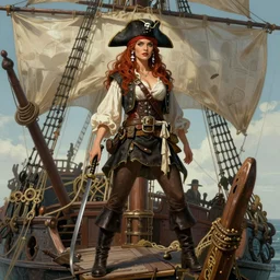 woman wearing a pirate costume standing on a broken down pirate ship, highly detailed, digital painting, artstation, concept art, smooth, sharp focus, illustration, art by artgerm and alphonse mucha
