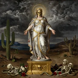 michael angelo painting of glowing full body elegant ornamented virgin mary saint golden skull face dressed in fancy rococo attire standing over a roman gold-made pedestal in a barren land with cactus. stormy weather. apocalypsis. skleletons roses and serpents on the floor