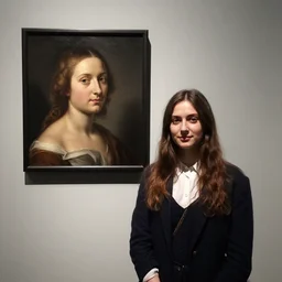A decent young gril next to wall portrait by Artemisia Gentileschi.