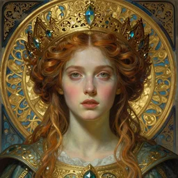 detailed realistic beautiful young medieval queen face portrait by jean delville, tom bagshaw, brooke shaden, gustave dore and marco mazzoni, art nouveau, symbolist, visionary, gothic, pre - raphaelite, ornate gilded medieval icon, surreality, ethereal, unearthly, haunting, celestial, neo - gothic, ghostly, memento mori