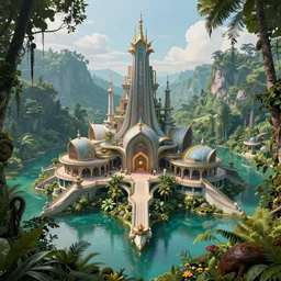 a beautiful hyperdetailed highly detailed temple industrial architecture by renzo piano, rainforest lake gem fisheye extraterrestial san andreas thermal vision myst retro, archdaily, wallpaper, highly detailed, trending on artstation.