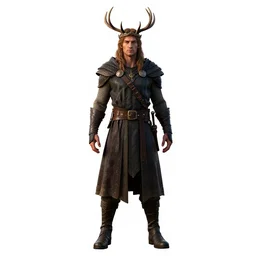 stern druid with antler crown, detailed 3d character render, full body, standing, isolated on a pure white background, centered, whole figure in frame, sharp focus, studio lighting