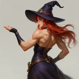 samus aran with as a witch showing has her big back muscles, highly detailed, digital painting, artstation, concept art, matte, sharp focus, illustration, art by artgerm and greg rutkowski and alphonse mucha