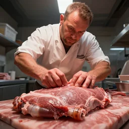 low angle view of a butcher working, artwork by craig mullins, high details, octane, unreal engine, from below, worms - eye - view