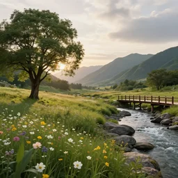 A flowery meadow with a large tree in the left and a river on the right with rocky sides, a wooden bridge on the right and realistic mountains in the background, a slightly overcast sky at sunrise. ultra realistic, matte painting, concept art, 4k, trending on artstation, octane render, wide lens.