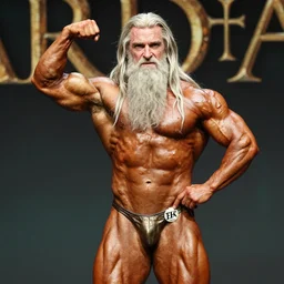 gandalf from lord of rings taking part at a bodybuilder competition, oil body, professional photography, 5 0 mm lens n - 4