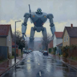an empty street at dusk, with a giant robot looming over the houses in the background, rainy, wet streets, digital oil painting by simon stalenhag