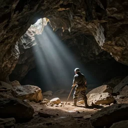 pepe as miner working in a dark cave