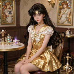 beautiful detailed sailor moon aesthetic, beautiful detailed fantasy, beautiful detailed intricate, beautiful detailed elegant, highly detailed, beautiful detailed digital painting, artstation, beautiful detailed concept art, a beautiful girl with long dark hair and bangs, wearing a gold sailor dress, sitting alone in a cafe with magic items all around, matte, sharp focus, highly detailed illustration,  highly intricate detailed art by Artgerm and Greg Rutkowski and Alphonse Mucha