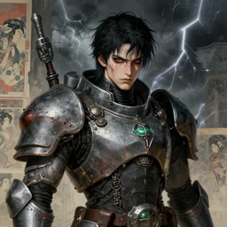 portrait of gothic and futuristic young man, warhammer, cyber armor, a lot of scars, thunderstorm, black head, red eyes, some green, the middle ages, highly detailed, artstation, in the style of moebius, jugendstil and classic japanese print, art by greg rutkowski, jean delville