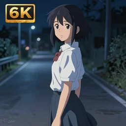 at the end of the world, girl standing on road at night, highly detailed, deep focus, elegant, digital painting, smooth, sharp focus, illustration, ultra realistic, 8 k, art by makoto shinkai
