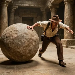 Indiana Jones being chased by a boulder trap, boulder chase, underground ancient stone temple background, Indiana Jones running away from big round stone, raiders of the lost ark, detailed background, anime key visual