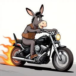 a cartoon biker donkey, riding a black chopper with orange flames, in the style of rat fink character from ed roth