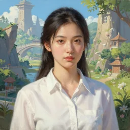 portrait painting of twenty - eight - year - old young woman, like su qing wearing a white shirt by wenjun lin, irakli nadar, bright colors, octopath traveler, wenjun lin, unreal engine 5 highly rendered, global illumination, radiant light, detailed and intricate environment