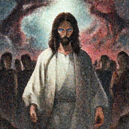 anime style jesus standing between heaven and hell looking badass with a detailed face blue eyes with a group of people behind him, highly detailed, mega details,