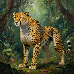 a shiny robotic anthropomorphic humanoid spotted cheetah mecha posing in a jungle, moebius, cowboy bebop, national geographic, 4 k, 8 k, highly detailed, sharp, oil on canvas