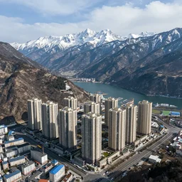 urban housing project, high rise apartment complex on a high mountain valley, lakes and snowy mountains