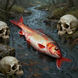 dead river, dead fish, skull, poland, red color, highly detailed, 8 k, artstation, beutifull, masterpiece by beksinski