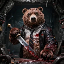 a bloody criminal bear holding knife, in the dark basement, zootopia 2