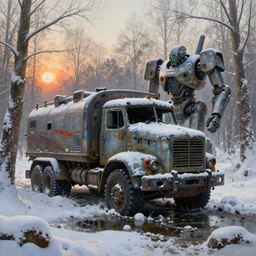 hyper realistic painting of abandoned futuristic dieselpunk truck and mecha robot in the winter forest, puddles of water, a lot of snow, brom, sunrise, mucha, moebius, craig mullins, juan gimenez artstation cgsociety